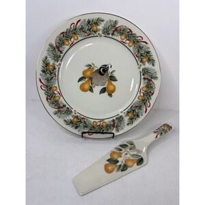 Cake Plate & Server Andrea by Sadek Christmas Partridge Pear Porcelain